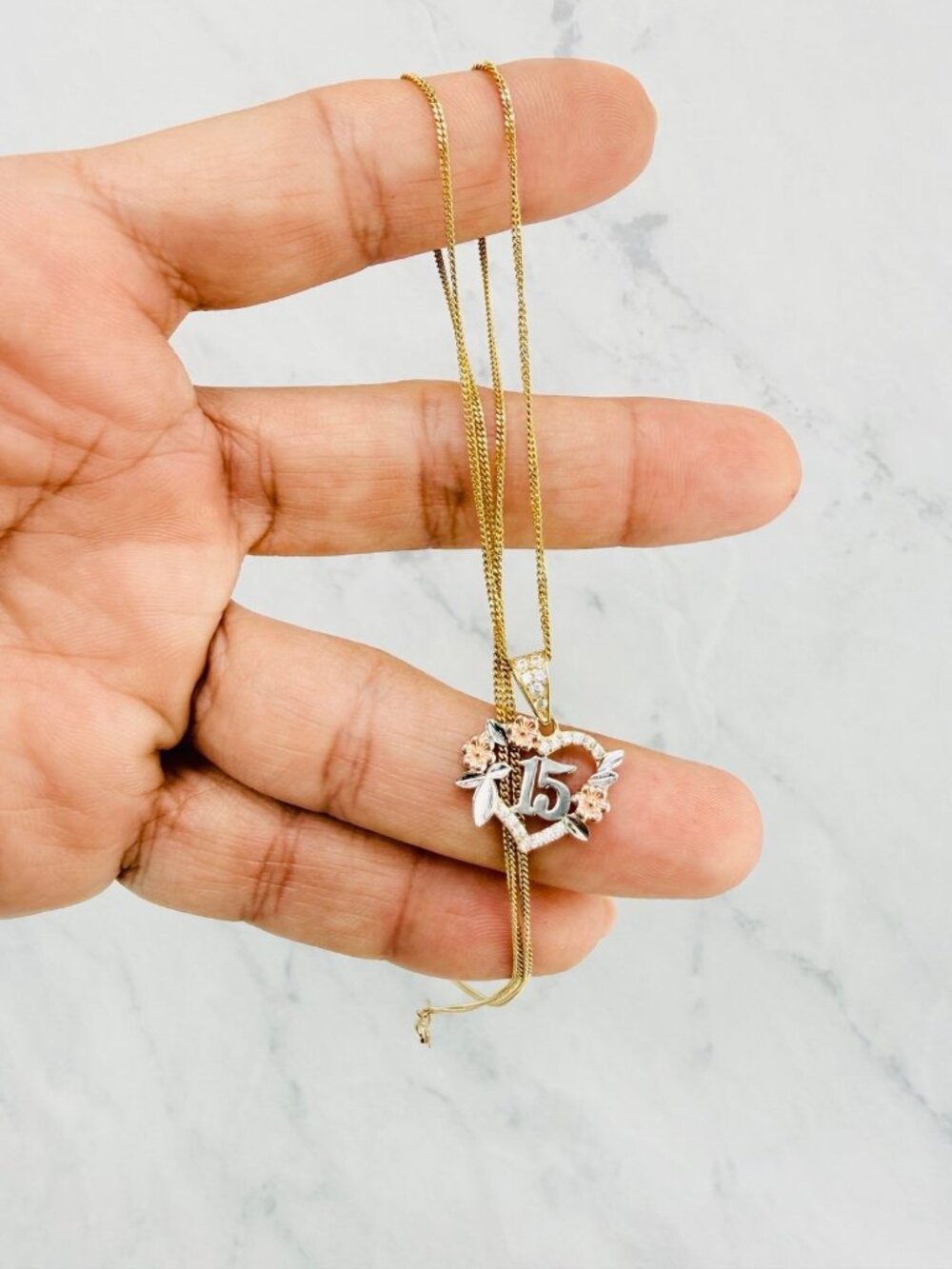 10k solid gold pendant sweet 15 heart Quinceañera necklace